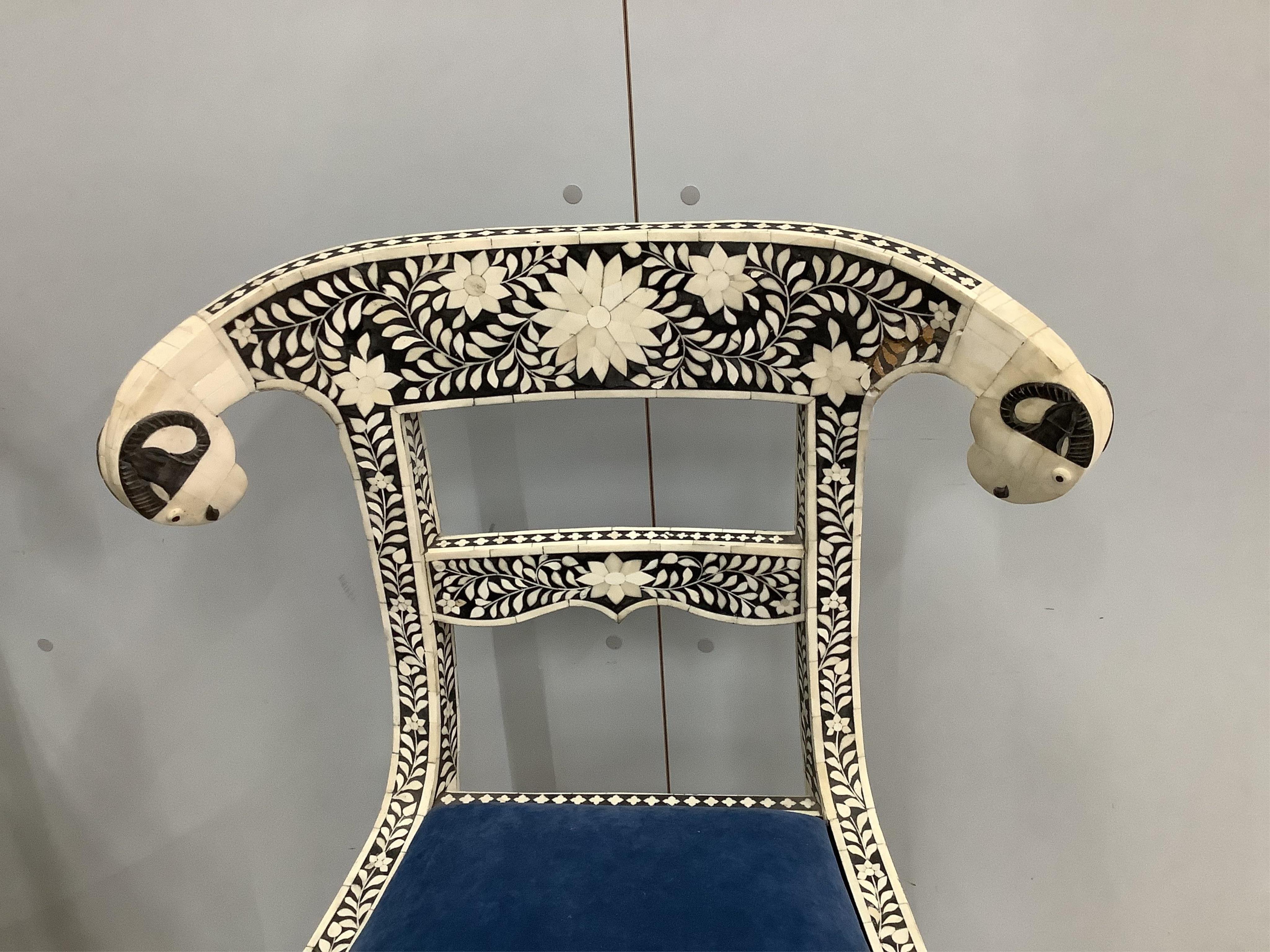 Two pairs of Indian bone, or mother of pearl, overlaid dining chairs, width 62cm, depth 44cm, height 90cm. Condition - good